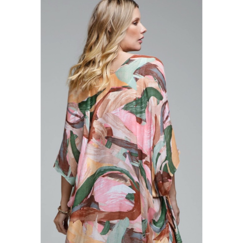 SOLD OUT Mone Colorful Brush Stroke Motif Kimono Coverup Wrap Open Casual Top - Picture 5 of 5
